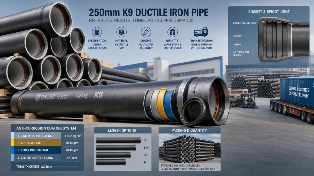 ¿Cuál es el precio de una tubería de hierro dúctil K9 de 250 mm?