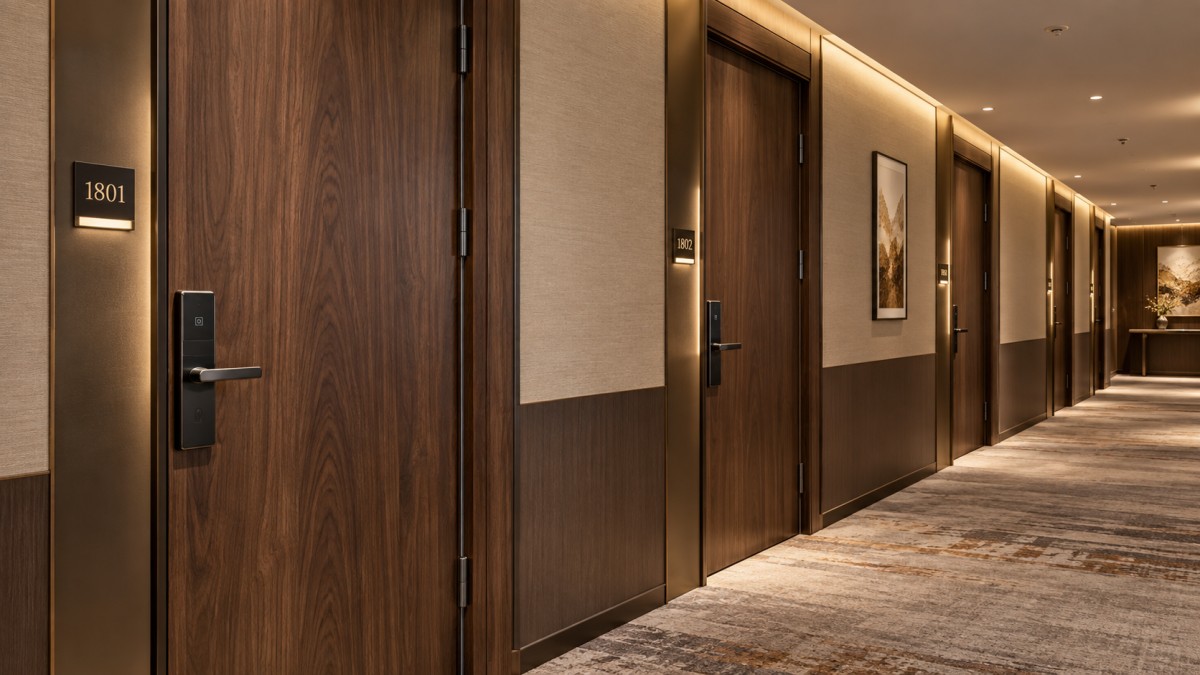 Wooden Doors for Hospitality Projects: Balancing Veneer Quality, Fire Rating, and Budget Puertas de madera para proyectos hoteleros: equilibrio entre calidad de chapa, clasificación de resistencia al fuego y presupuesto