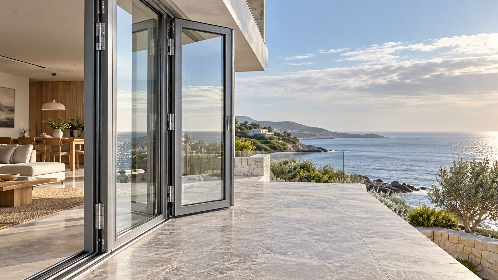 Which finish suits aluminum folding doors in coastal homes?