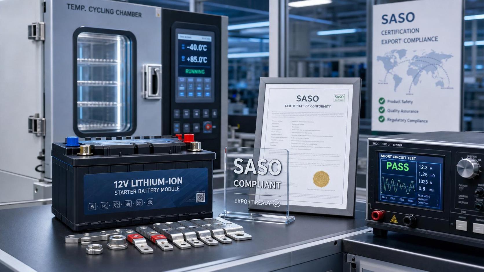 SASO saudí exige certificación para módulos de arranque de iones de litio de 12V