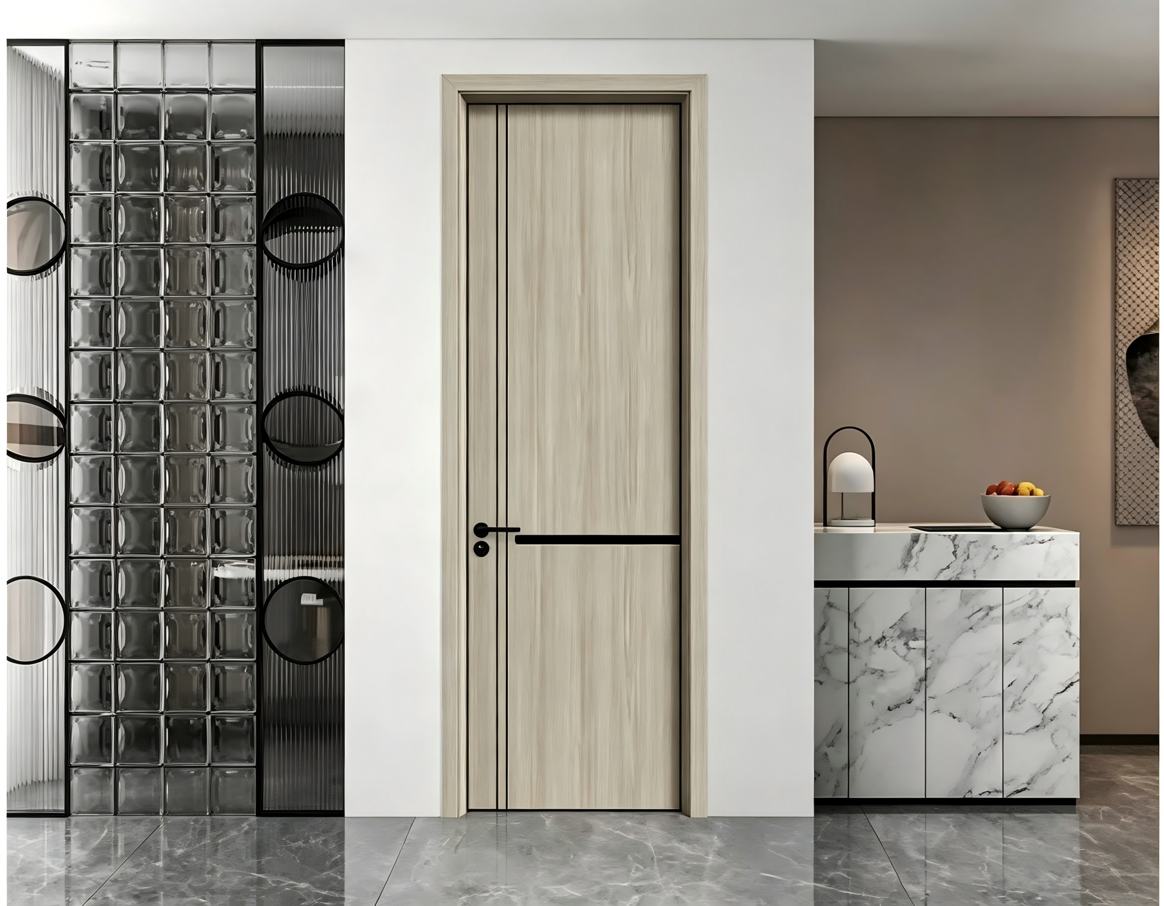 Puerta frontal interior de MDF PVC moderna de China para hotel, de madera maciza, con diseño de incrustación de tiras metálicas para dormitorio y sala de reuniones