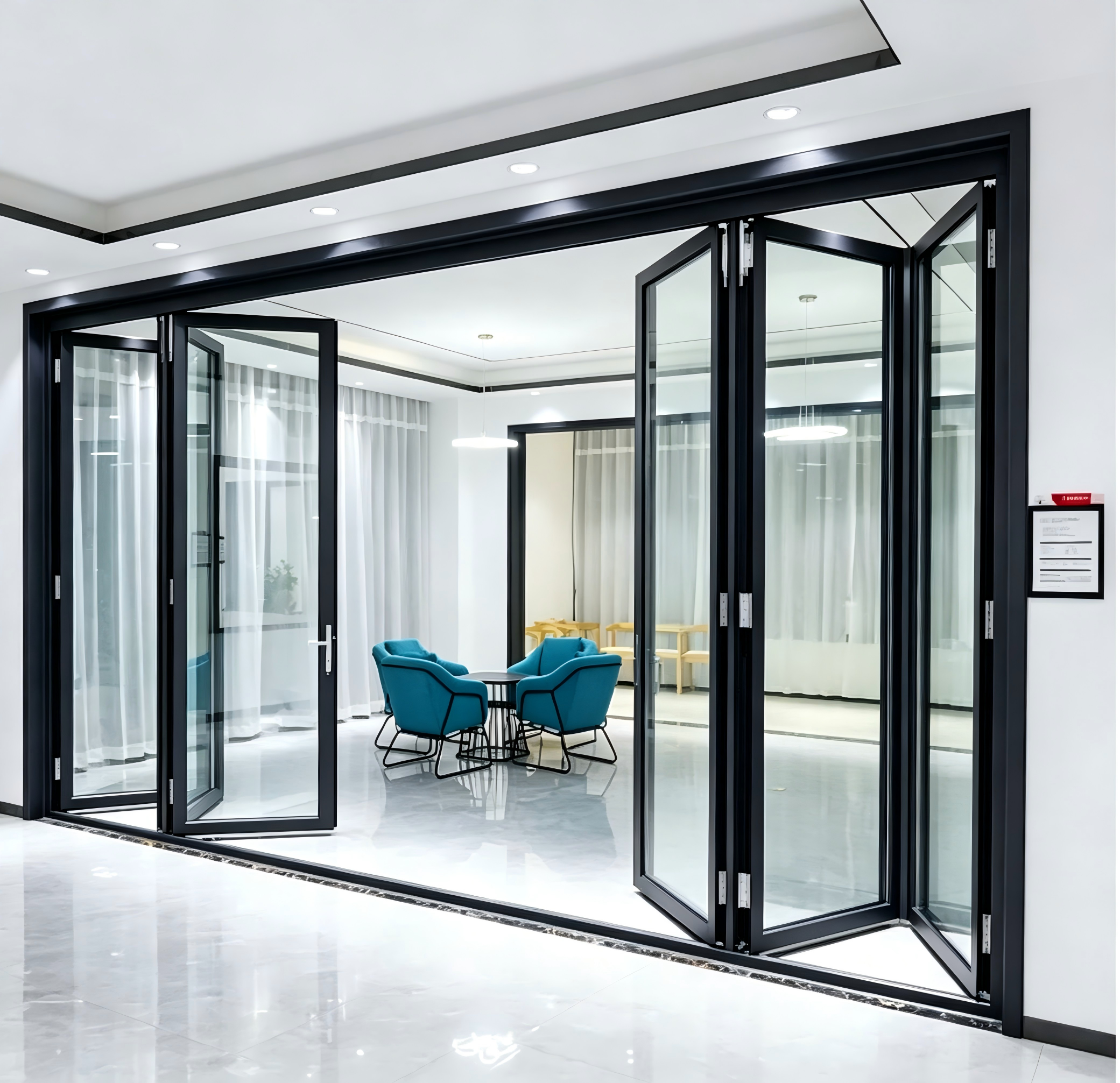 Sistema de puerta de vidrio plegable de vista completa con vidrio laminado Low-E, separador de borde cálido y dimensiones personalizadas para paredes exteriores
