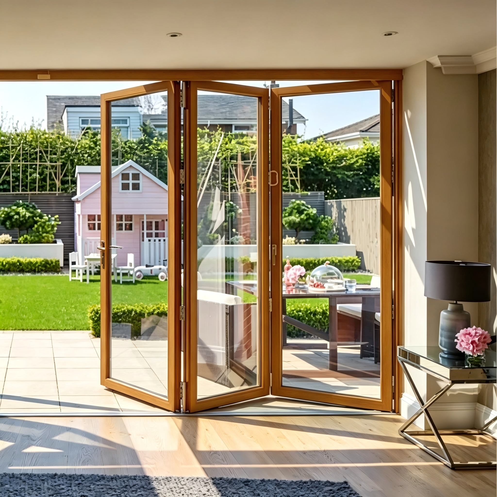 Puerta plegable de vidrio personalizable con paneles sobredimensionados, opción de cerradura inteligente y doble acristalamiento Low-E plateado