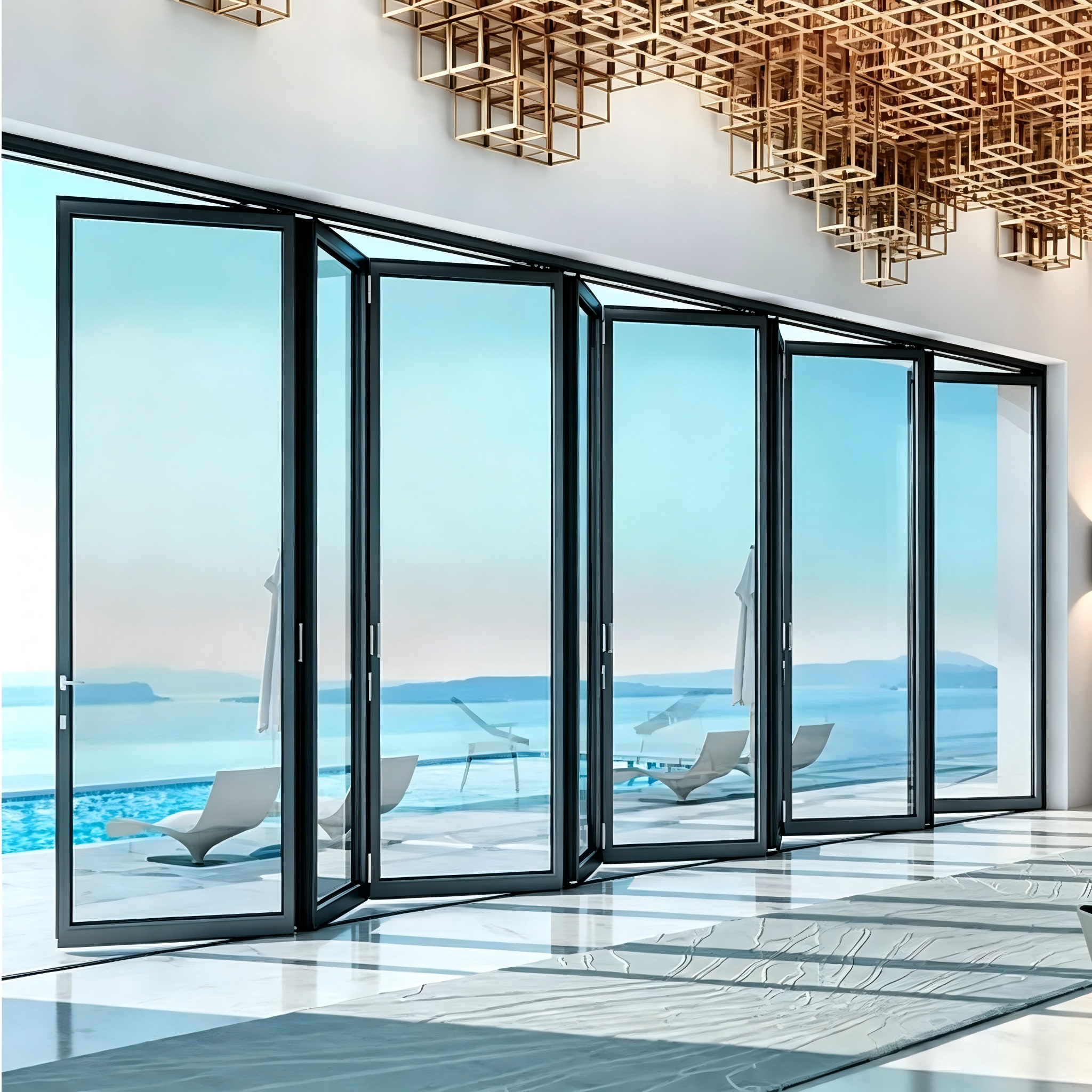 Puerta plegable de vidrio personalizable con paneles sobredimensionados, opción de cerradura inteligente y doble acristalamiento Low-E plateado
