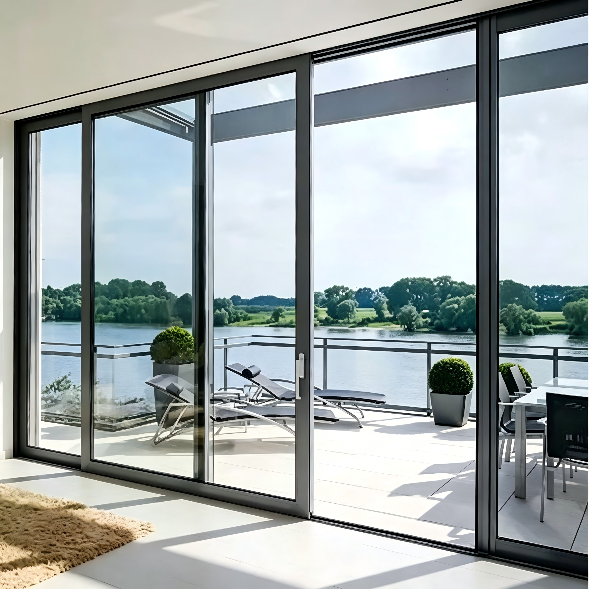 Puerta de vidrio plegable minimalista con paneles de altura completa, umbral bajo, compatible con hogar inteligente y doble acristalamiento plateado