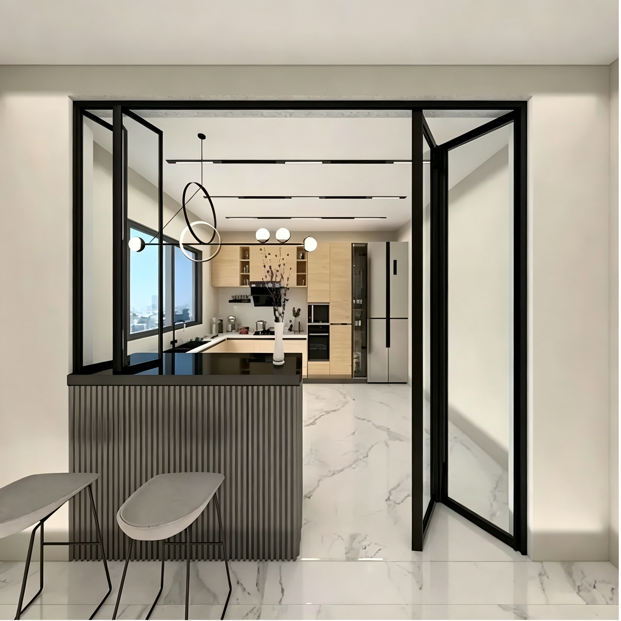 Sistema de puerta plegable de vidrio de aluminio con rieles de perfil bajo y paneles de alta eficiencia para diseños de planta abierta