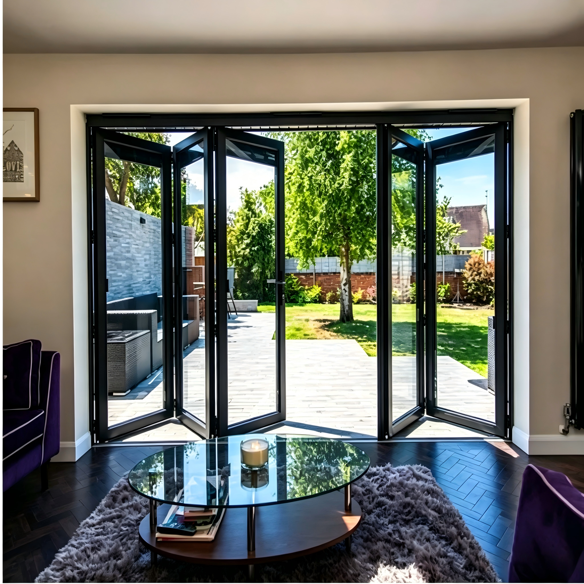 Puerta de vidrio plegable minimalista con paneles de altura completa, umbral bajo, lista para hogar inteligente y doble acristalamiento plateado