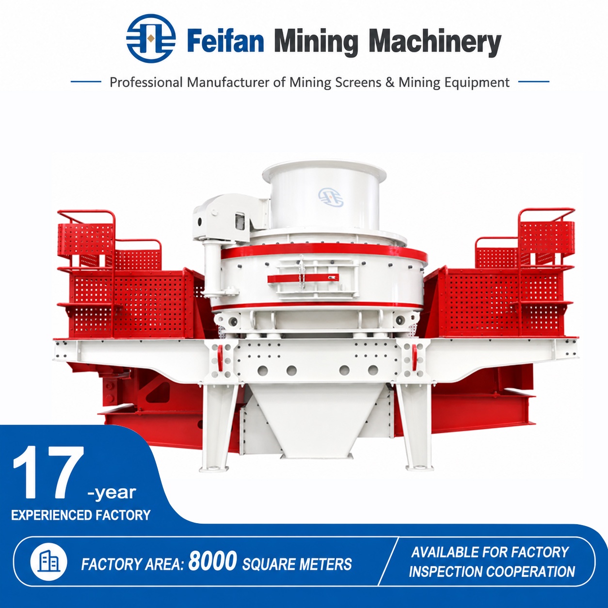 Britador VSI FEIFAN VSI-8000 para processamento especial de rejeitos de mineração, com dois modos de rocha e alimentação máxima de 45mm para produção de areia e agregados
