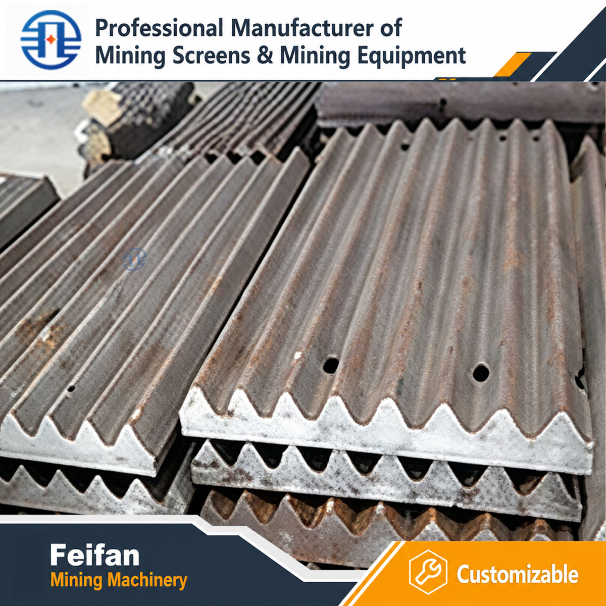 Peças de desgaste OEM FEIFAN para britadores de mineração martelo de alto cromo placa de mandíbula placa de revestimento para linha de produção de agregados