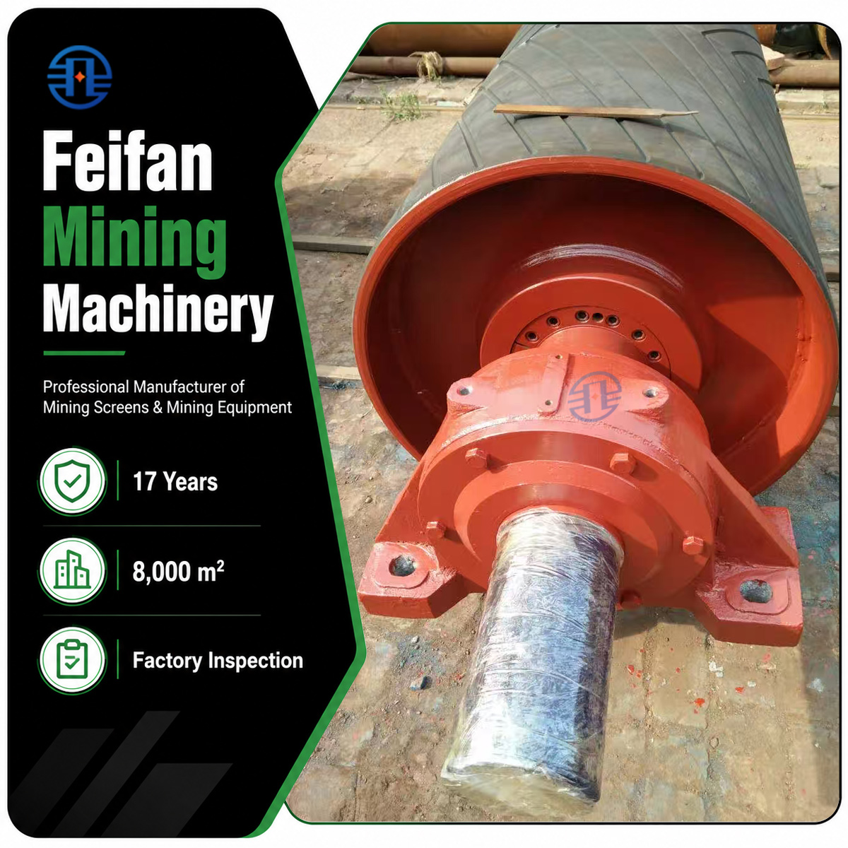 FEIFAN OEM Conjunto de roda de tambor com revestimento de polia motriz para carga pesada para peças de transportador de correia de sistema transportador de pedreira e agregados