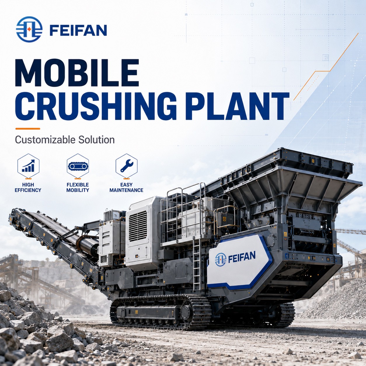 FEIFAN OEM Planta de britagem de pedra de pedreira de alta capacidade para produção de agregados de mineração Estação móvel de britagem sobre esteiras