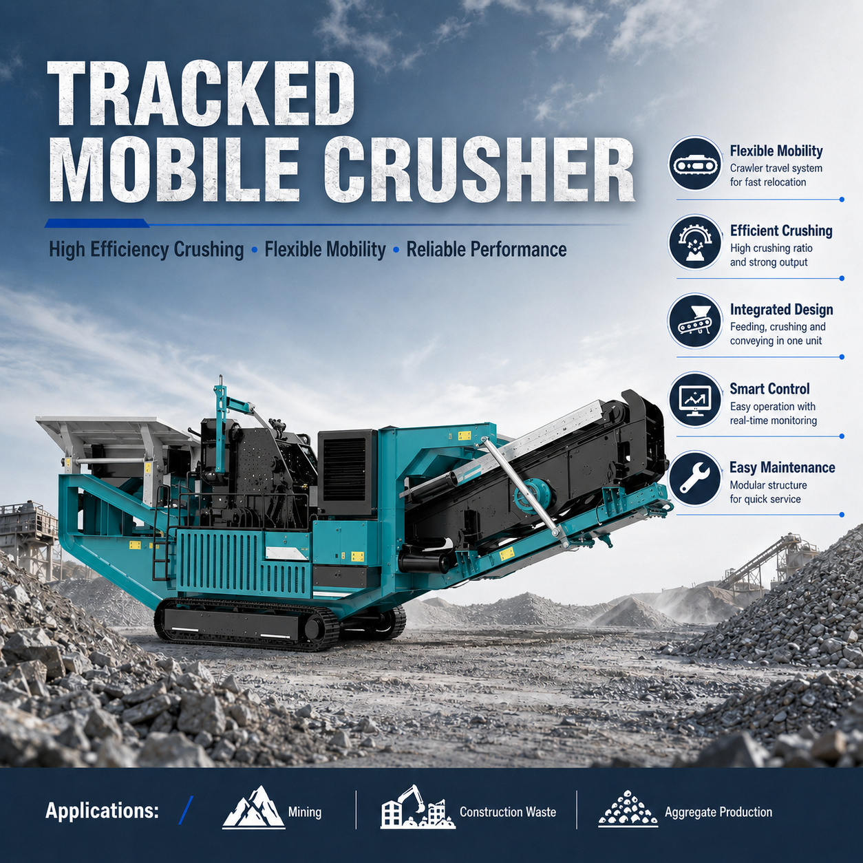 FEIFAN OEM Equipamento Móvel de Britagem Montado sobre Esteiras para Produção de Agregados em Pedreira com Mobilidade Flexível e Custo de Transporte Reduzido Planta Móvel de Britagem sobre Esteiras