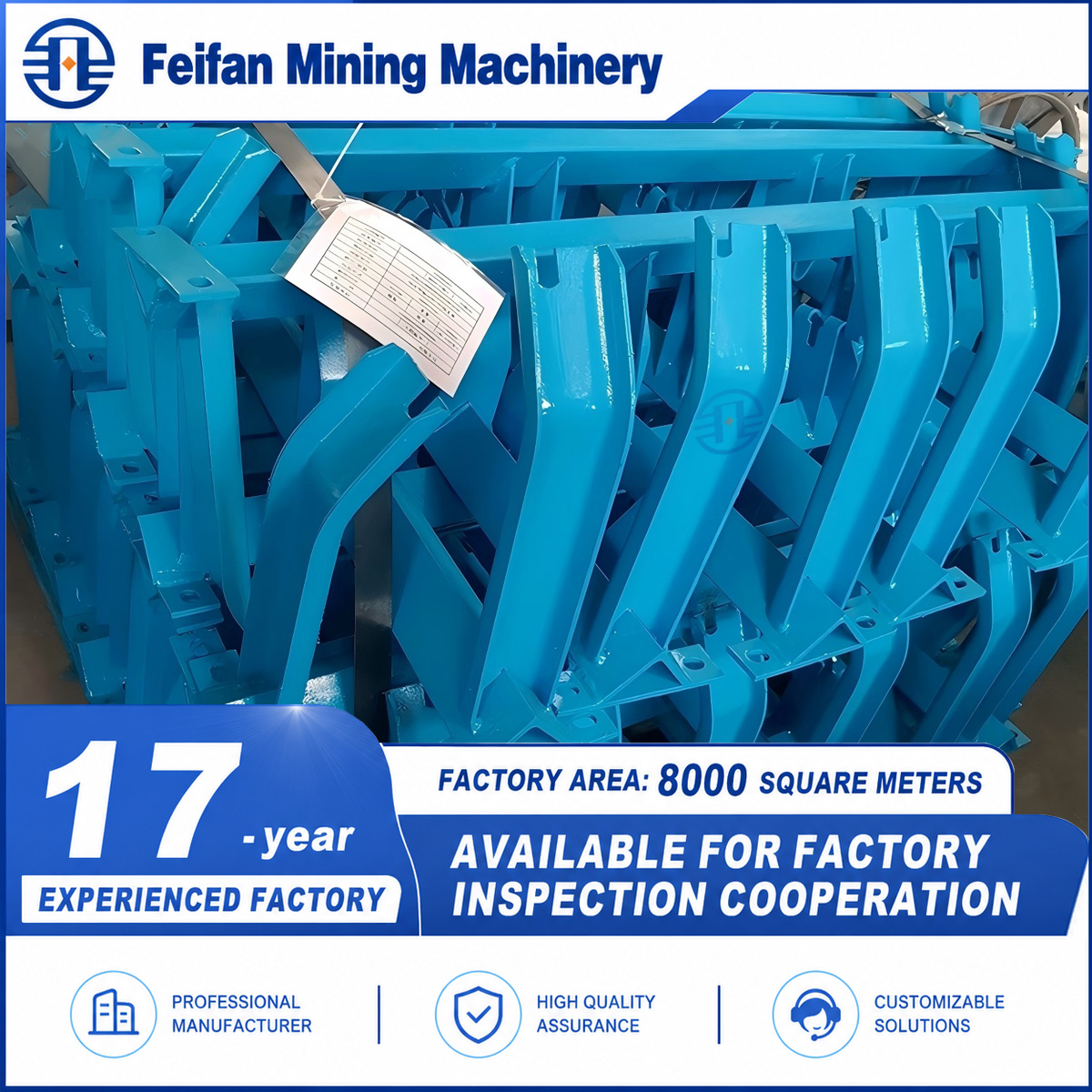 FEIFAN OEM piezas de transportador de banda con estructura de bastidor de acero sistema de tambor polea de cabeza polea de cola para minería industrial de mineral