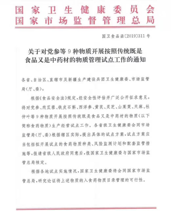 72a5a3f8a09c54ae1304098b3c4345d5 国家相关部门颁发了“灵芝等9种物质开展药食同源物质管理试点工作”的通知