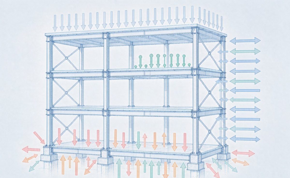 02 Schematic of four load categories applied to a multi-storey steel frame