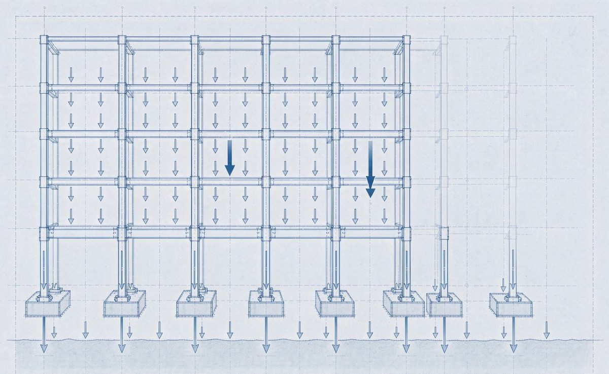 03 Gravity load transfer path from slabs through columns to foundations