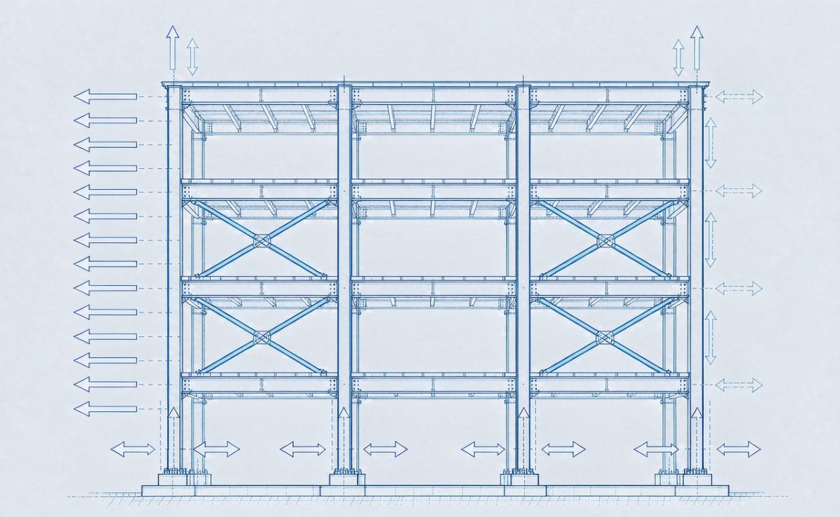 04 Wind and seismic lateral load arrows on a four-storey steel frame elevation with cross bracing