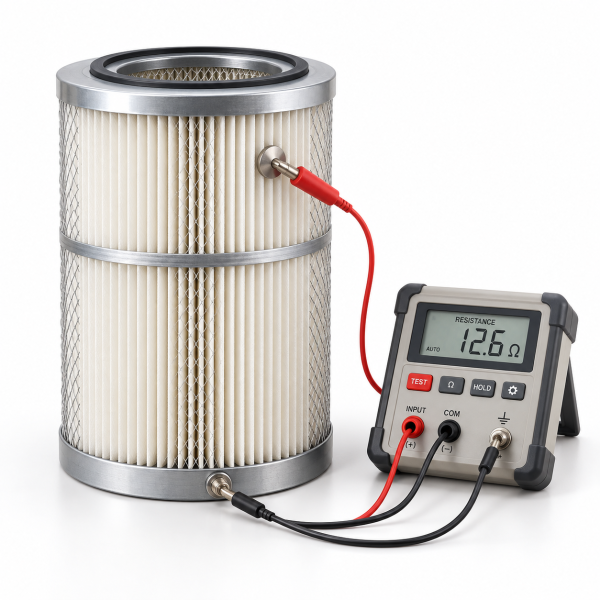 Testing industrial dust collection filter media for static control