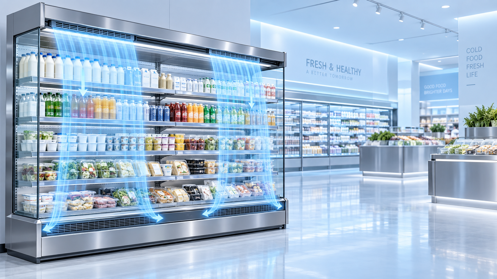 Explicación de las vitrinas refrigeradas abiertas de doble cortina de aire: flujo de aire, carga y protección de los productos