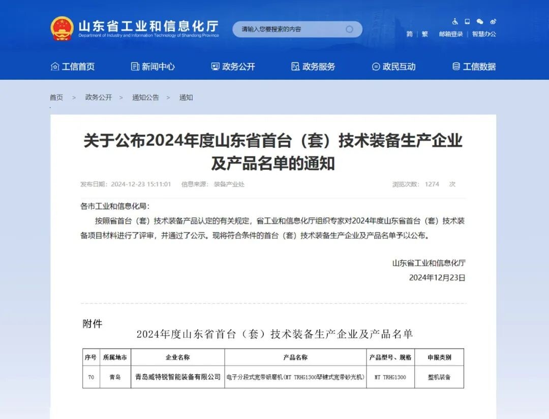 威特锐琴键砂光机获山东省首台（套）技术装备产品认定！