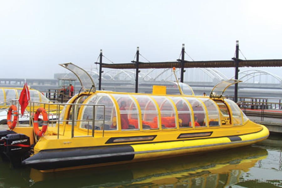 China 32ft 28 Seater FRP Yellow Color Water Taxi Boat For Sale