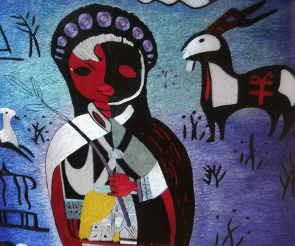 Oil-printed woodcut print of Fat Golden Girl