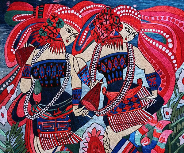 Oil-printed woodcut print of the Hani people