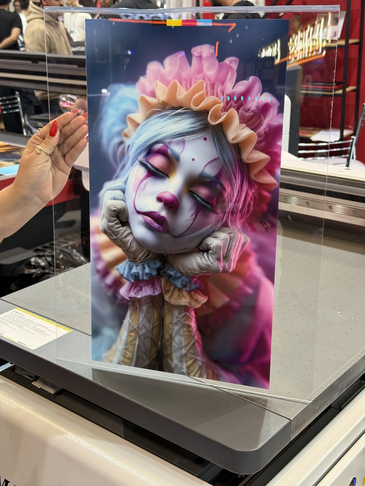 MYJET 6090 UV flatbed printer printing on acrylic sheets with high precision during exhibition MYJET 6090 UV flatbed printer printing on acrylic sheets with high precision during exhibition