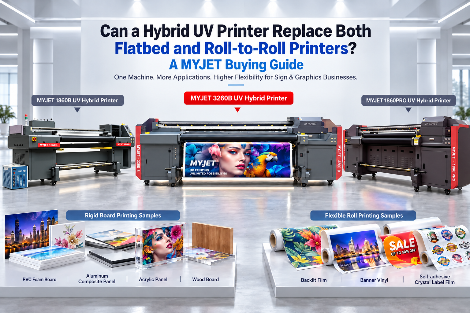 Can a Hybrid UV Printer Replace Both Flatbed and Roll-to-Roll Printers? A MYJET Buying Guide Can a Hybrid UV Printer Replace Both Flatbed and Roll-to-Roll Printers? A MYJET Buying Guide