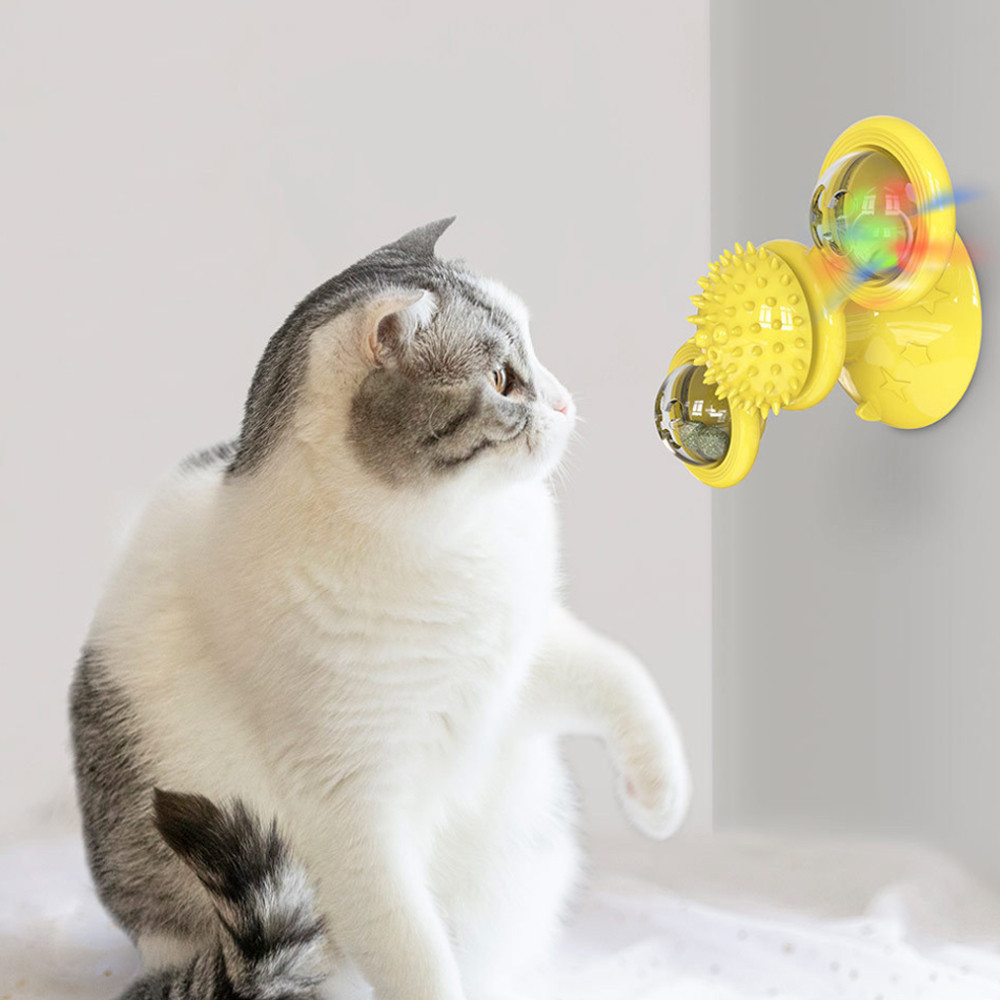 Hot Sale Interactive LED Ball Turntable Hair Brush Teasing Windmill Cat Toy With Catnip