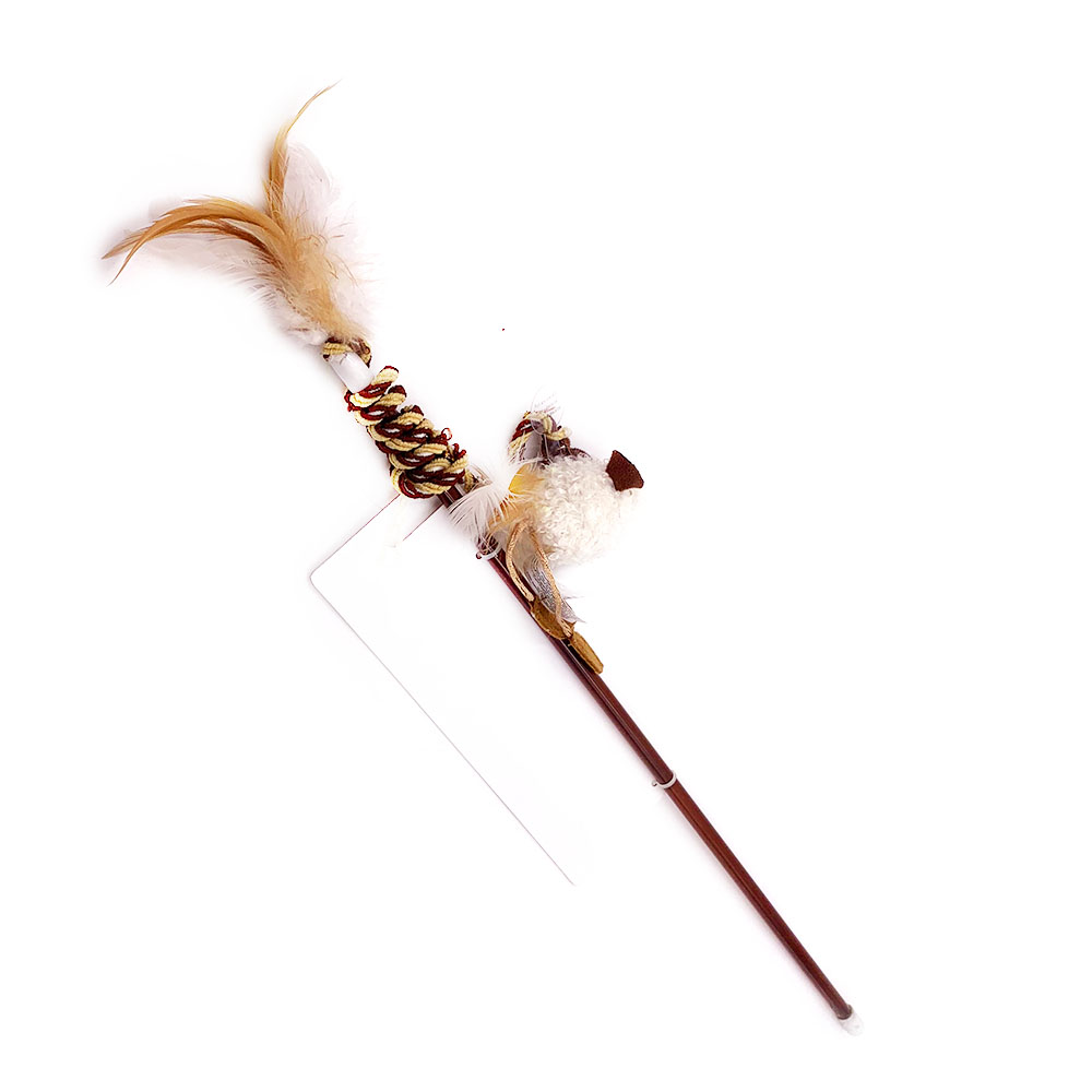 ECO Funny Plush Mouse Wood Teaser Wand Interactive Cat Toy with Feathers