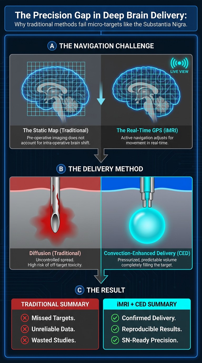 The Precision Gap in Deep Brain Delivery Why traditional methods fail micro-targets like the Substantia Nigra.
