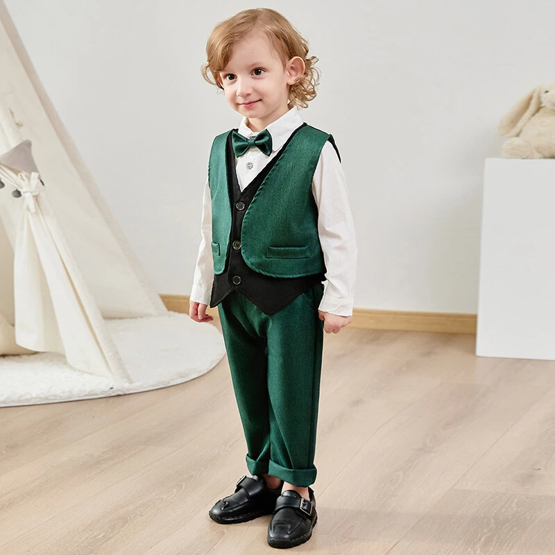 Boutique Custom Baby Boy Formal Suits Clothes Boys Gentleman Long Sleeve Shirt Tie Vest Trousers Set Kids Birthday Party Dress