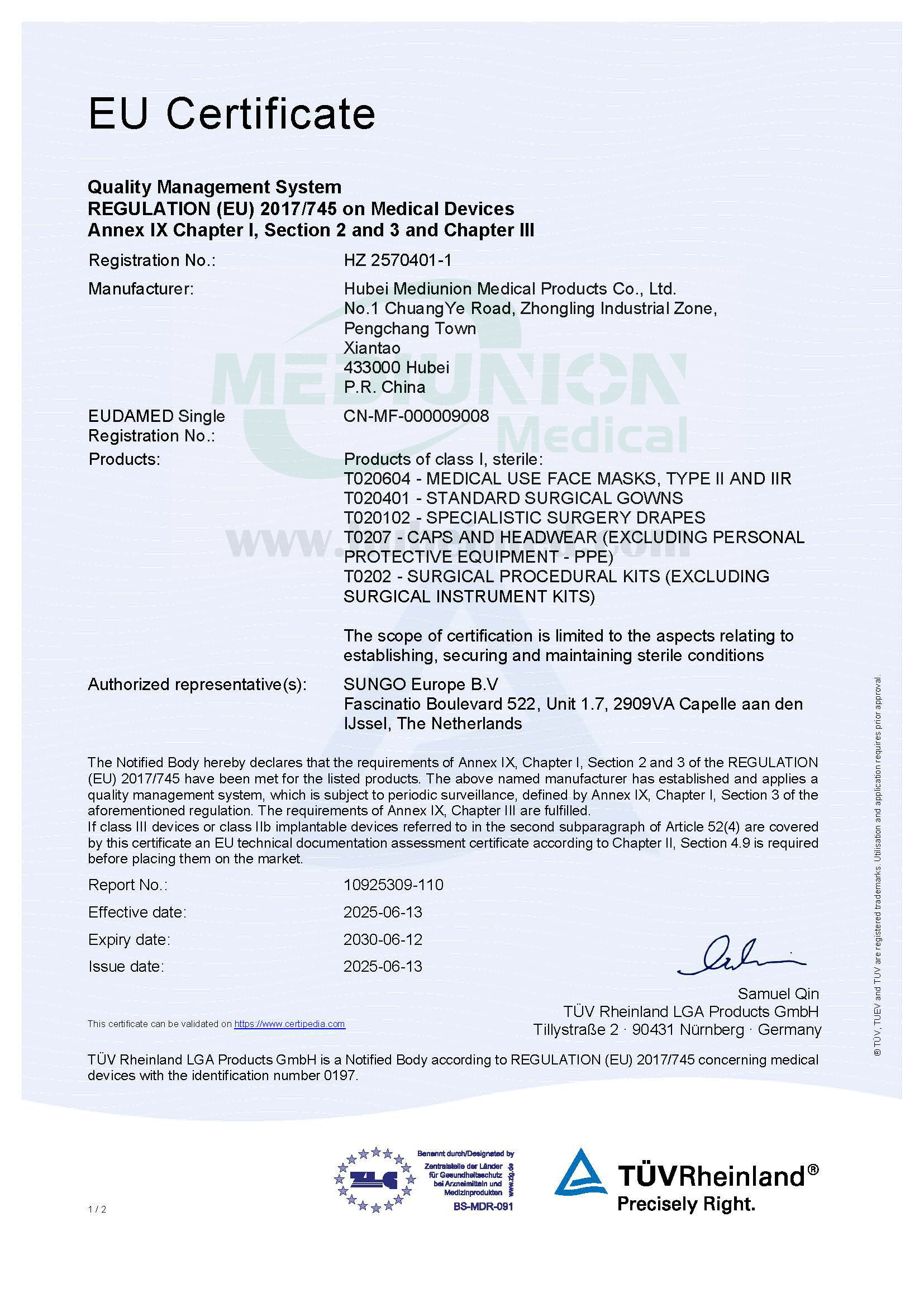 Certificate - Hubei Mediunion Medical Products Co., Ltd