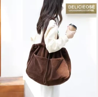 Big Capacity Portable Corduroy Canvas Tote Bag Women's Comfortable Shoulder Cloth Bag with Stylish Design