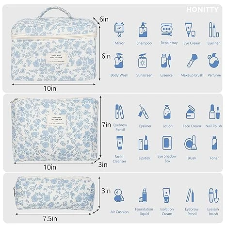 Makeup Bag,Quilted Cosmetic Bag,Large Floral Make Up Bag for Women,Cotton Makeup Bag Set,Flower Travel Toiletry Bag