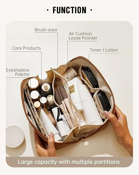 Travel Makeup Bag,Large Capacity Cosmetic Bags for Women,Waterproof Portable Pouch Open Flat Toiletry Bag Make up Organizer with Divider and Handle