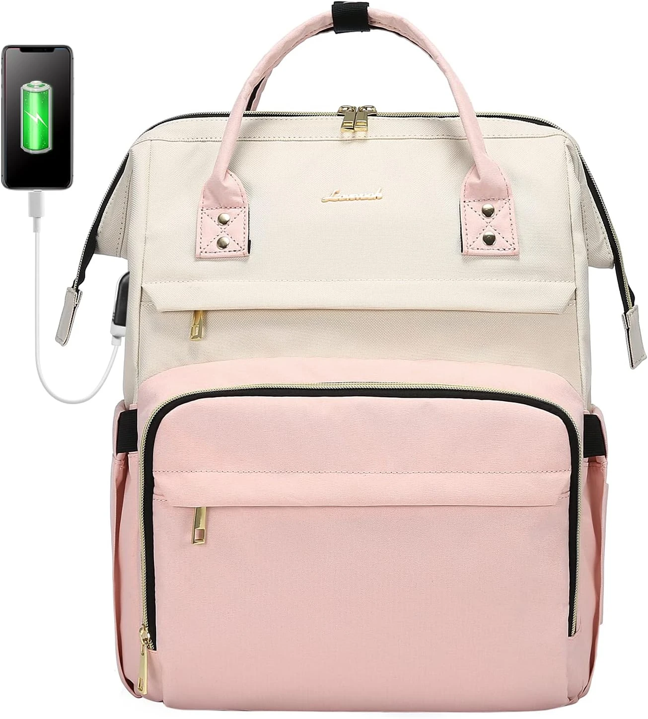 Laptop Backpack for Women, 17-inch Large Capacity Fashion Work Computer Backpacks Purse, Travel Business Bags, Doctor Nurse Backpack, Beige-Pink
