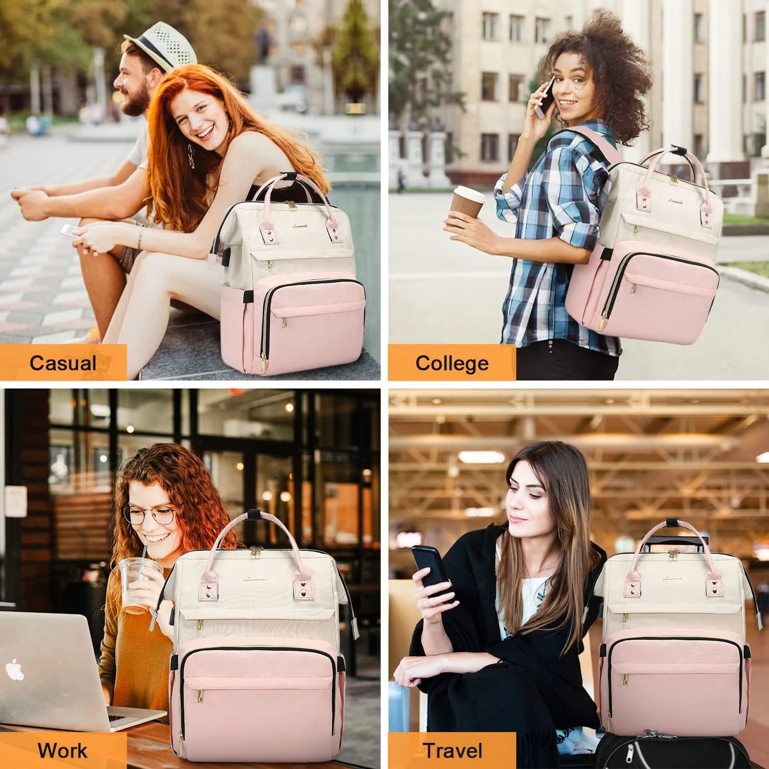 Laptop Backpack for Women, 17-inch Large Capacity Fashion Work Computer Backpacks Purse, Travel Business Bags, Doctor Nurse Backpack, Beige-Pink