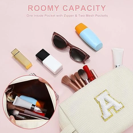 Makeup Bag for Girls Women - Mothers Day Gifts, Personalized Initial Pink Cosmetic Bag Makeup Pouch Organizer, Personalized Birthday Gifts for Women Teen Girl Kids Daughter Letter A
