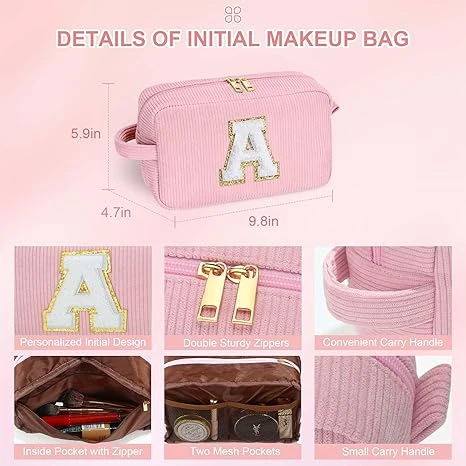 Makeup Bag for Girls Women - Mothers Day Gifts, Personalized Initial Pink Cosmetic Bag Makeup Pouch Organizer, Personalized Birthday Gifts for Women Teen Girl Kids Daughter Letter A