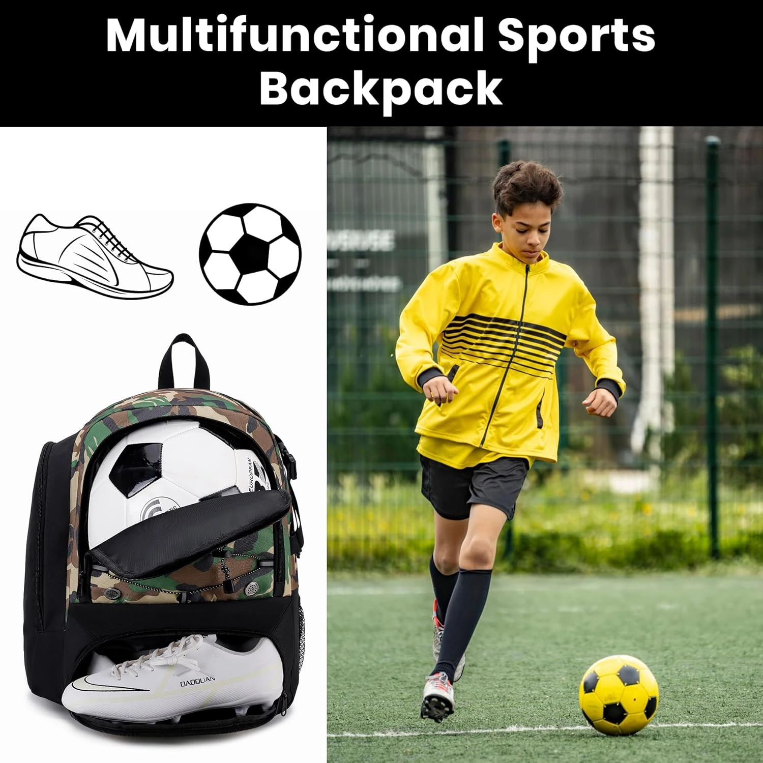 Soccer Backpack with Ball Holder,Youth soccer Bag for Basketball,Volleyball-Includes Separate Shoe Compartment&and Insulation