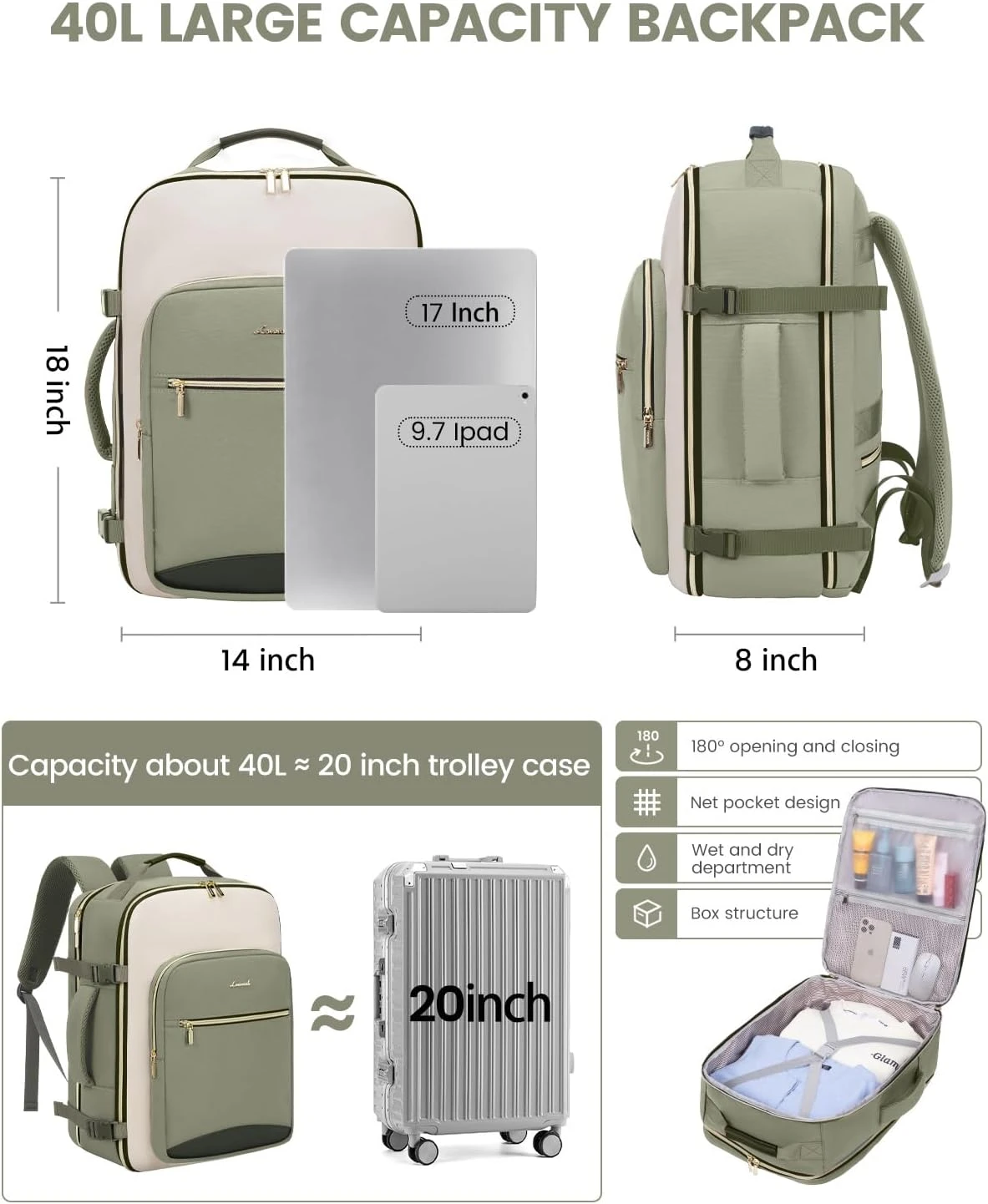 LOVEVOOK 40L Travel Backpack for Women & Men, Large Carry on Backpack for Airplanes with 3 Packing Cubes, TSA Personal Item Travel Bag fits 17