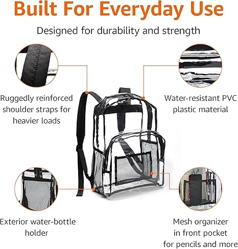 Transparent School Backpack, With Water-Resistant PVC Plastic Material and Ruggedly Reinforced Shoulder Straps, Clear
