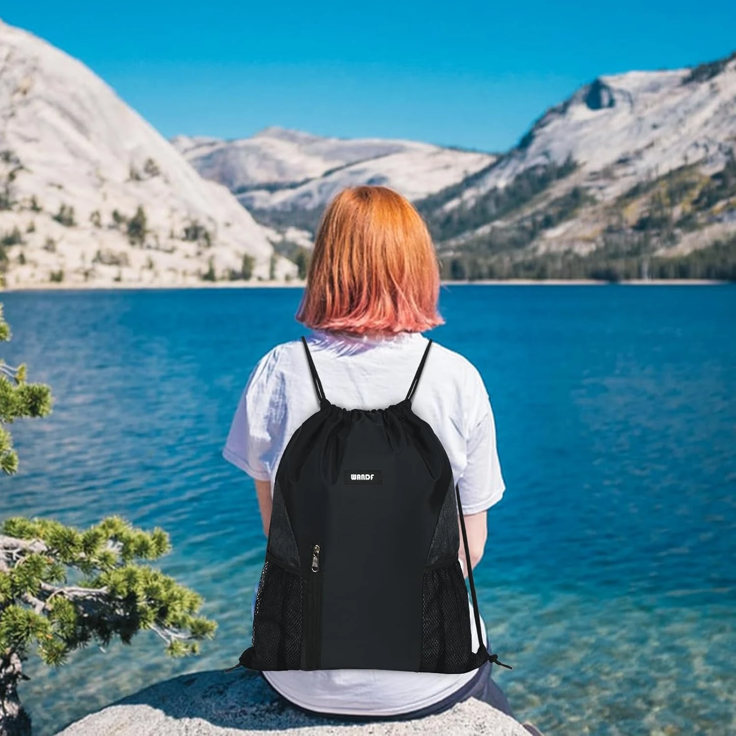 Drawstring Backpack Sports Gym Sackpack with Mesh Pockets Water Resistant String Bag for Women Men