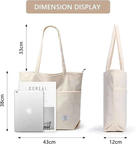 Women Corduroy Tote Bag Zipper Casual Tote's Handbag Big Capacity Shoulder Bag with Pockets