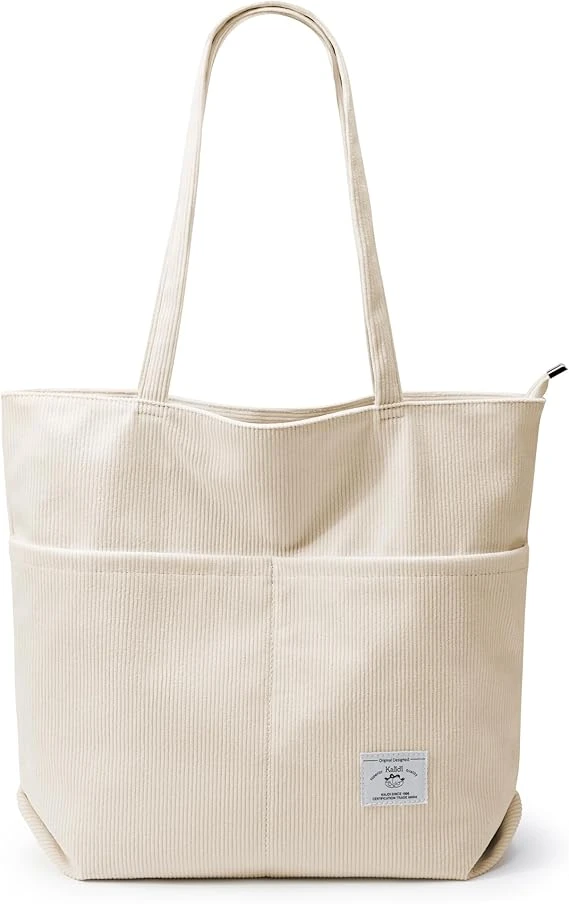 Women Corduroy Tote Bag Zipper Casual Tote's Handbag Big Capacity Shoulder Bag with Pockets