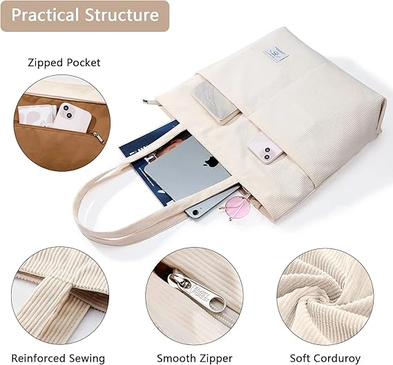 Women Corduroy Tote Bag Zipper Casual Tote's Handbag Big Capacity Shoulder Bag with Pockets
