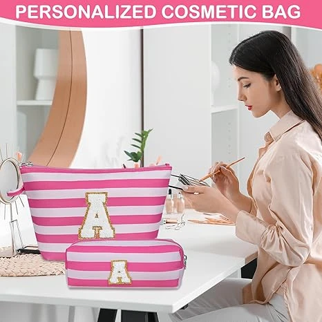 Initial Makeup Bag Set, Personalized Stripe Cosmetic Bag, Waterproof Travel Toiletry Bag, Cute Makeup Pouch for Women Preppy Teen Girls Gift Trendy Stuff Gift
