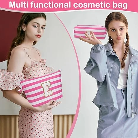 Initial Makeup Bag Set, Personalized Stripe Cosmetic Bag, Waterproof Travel Toiletry Bag, Cute Makeup Pouch for Women Preppy Teen Girls Gift Trendy Stuff Gift